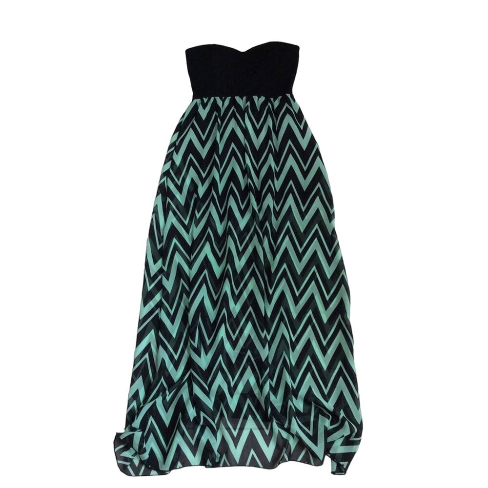 Strapless Chevron Maxi Dress Teal Black Medium Y2K